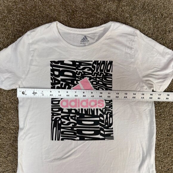 Adidas Tee Shirt Girls Large (14) White Graphic Cotton Athletic Pink logo Sports - Picture 5 of 10